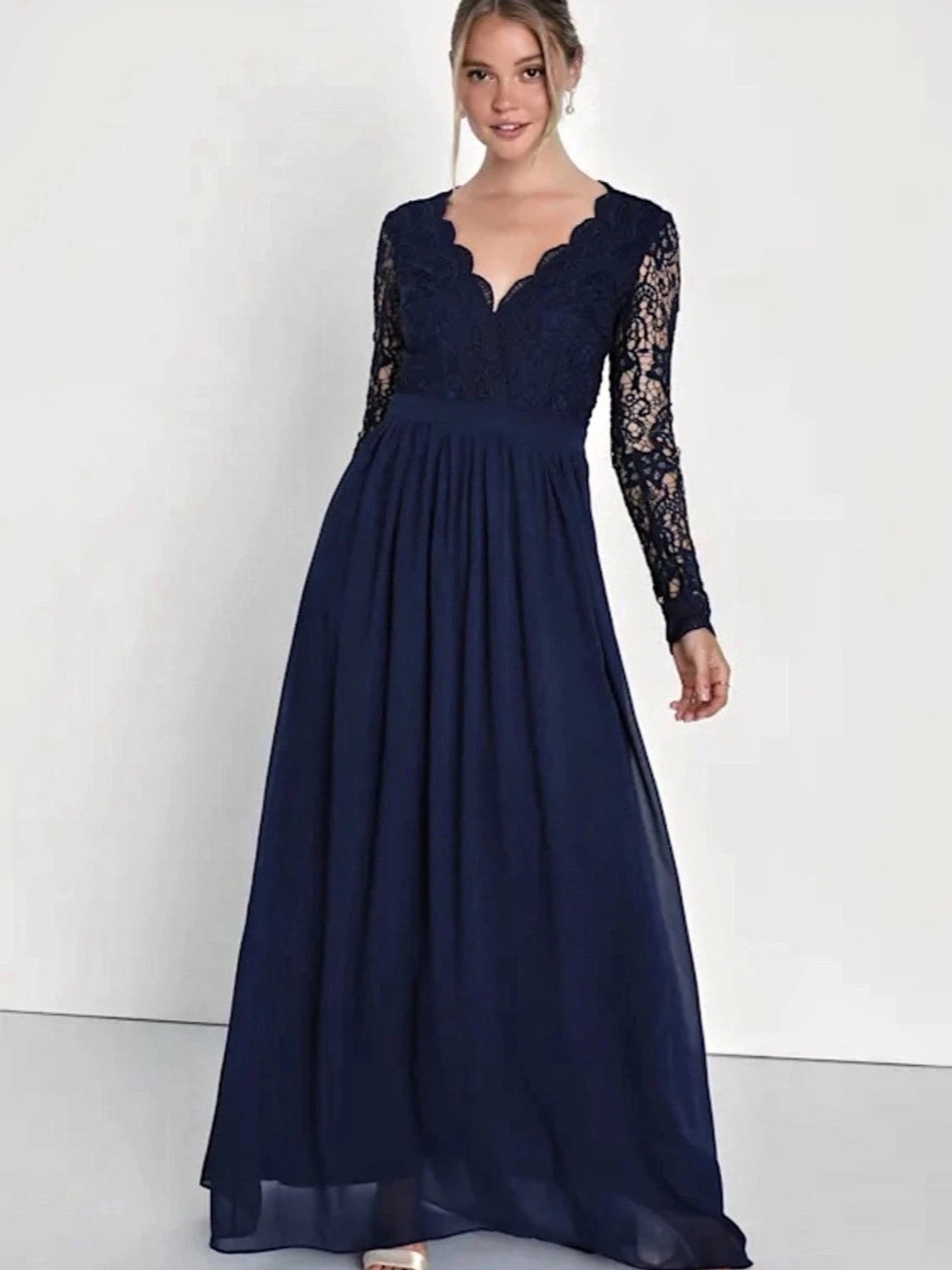 Lulu’s Navy Blue Long Sleeve Lace Maxi Dress